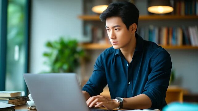 Faceless young Asian man working on laptop at home office desk setup books plants in background remote work lifestyle freelance digital business work from home concept with