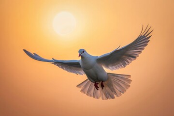 White Dove in Flight Against a Sunset Sky