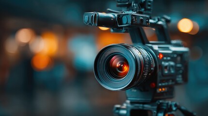 Professional Video Camera Lens Close-Up with Bokeh Lights