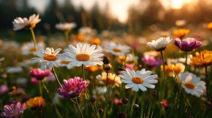 Vibrant Daisy Field in Warm Sunset Light with Blooming Wildflowers
