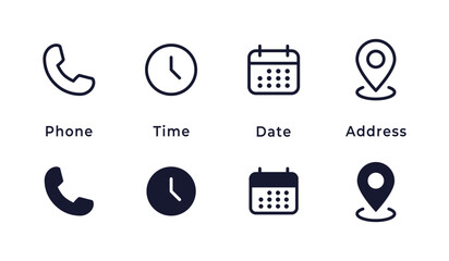 Contact icons. Phone, time, date and address symbols for communication vector illustration. Navigation and scheduling elements for interface design symbol. Modern contact info set for apps sign.