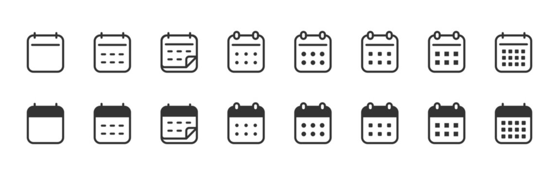 Calendar icon set. Monthly date grid with planner marks for schedule vector use. Event overview for office tasks symbol. Minimal UI set for organization sign. Modern planning tool pictogram concept.