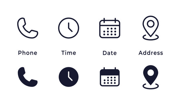 Contact icons. Phone, time, date and address symbols for communication vector illustration. Navigation and scheduling elements for interface design symbol. Modern contact info set for apps sign.