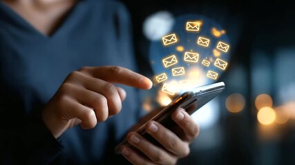 Faceless person checking email icons floating above smartphone digital communication concept mobile inbox interface real time notification system online message platform elect - Powered by Adobe