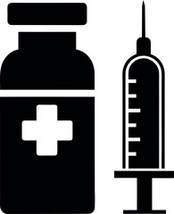 Fototapeta premium Black Silhouette of Medical Syringe and Vial with Plus Symbol for Injection Use