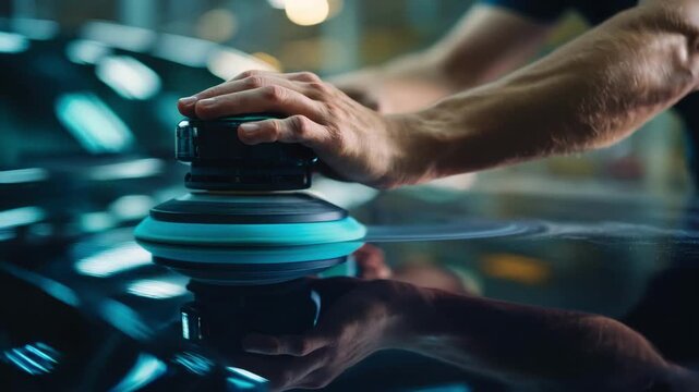 Midshot of an expert using a highspeed buffer to create a reflective surface on vehicle trims highlighting precision and craftsmanship.