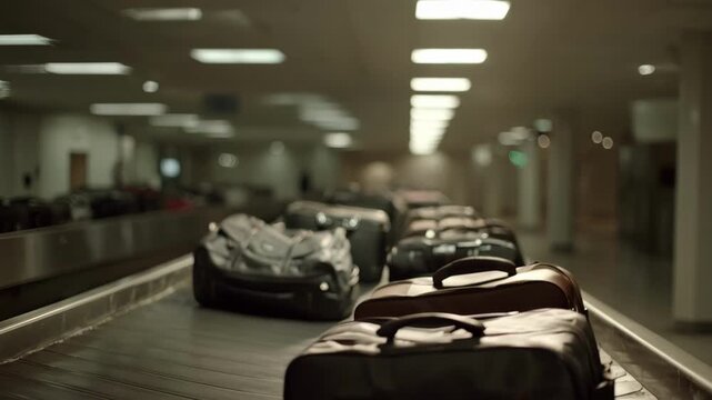 Medium shot of automated conveyor belts transporting various luggage pieces efficiently inside a busy airport terminal