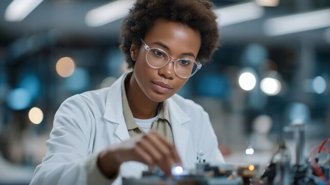 A scientist fine-tuning a lab prototype of a medical sensor, checking microelectronics under a magnifying lens as LED indicators blink — medical device development, precision engineering, and