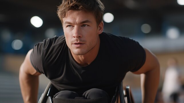 A wheelchair athlete gripping performance handlebars during a sprint, determination visible in every movement — adaptive sports, inclusivity in athletics, and peak physical strength. cinematic