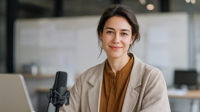 A teacher delivering an online lecture with a compact desktop microphone positioned beside a laptop, whiteboard notes behind them — virtual education, remote teaching tools, and clear audio