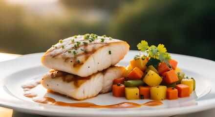 Grilled Fish Healthy Meal Vegetables White Plate Copy Space