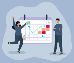 Enthusiastic Woman Dynamically Adjusting Calendar Schedule with Arrows While Skeptical Man Observes in Flat Vector Style, Time Management, Schedule Adjustment, Workflow Optimization