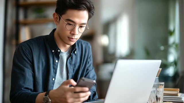 Faceless young Asian man working from home using laptop and smartphone simultaneously remote work multitasking freelance communication online business lifestyle modern digital