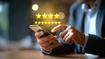 Faceless businessman touching smartphone to rate customer service with star rating system online review interface satisfaction feedback mechanism service improvement digital - Powered by Adobe