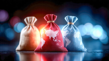 Canvas money bags displaying glowing digital world maps in blue and orange, symbolizing global finance