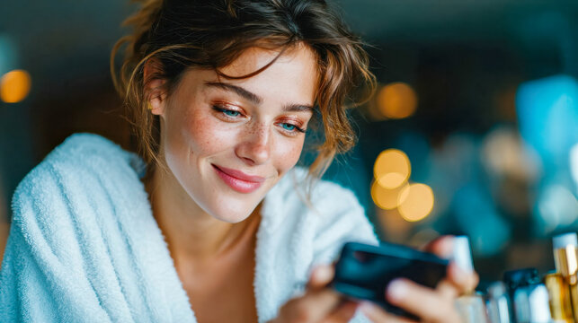 Relaxed young woman in a white bathrobe smiling at her smartphone while sitting at a makeup table