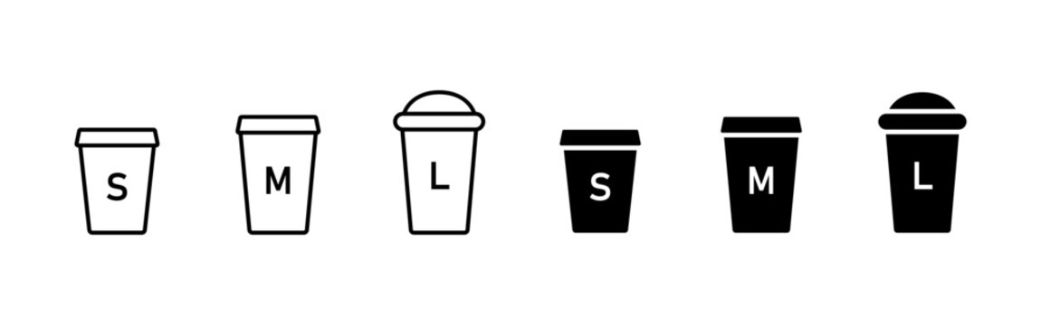 Cup size icon set. Small, medium and large drink containers with simple lids vector illustration. Beverage size markers for cafe menus sign. Hot drink ordering options symbol. Minimal takeaway concept