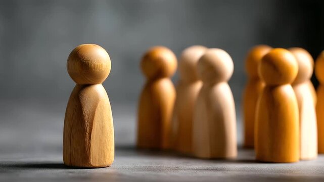 Sad wooden figure excluded separated from group bullying discrimination concept social isolation representation loneliness mental health workplace exclusion school separation