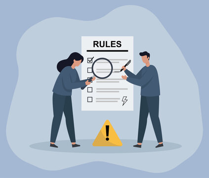 People Reviewing Rules with Magnifying Glass and Caution Sign in Flat Vector Illustration, Rule Examination, Compliance Audit, Document Review, Warning Alert, Regulatory Check