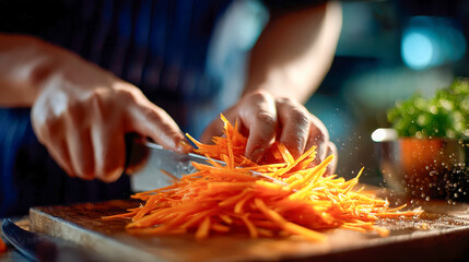 Chef slicing fresh carrots on a cutting board in a busy kitchen, water droplets flying