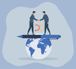 Global Business Handshake on Pen-Balanced Earth, Global Partnership, Business Agreement, International Trade, Contract Signing, Worldwide Collaboration