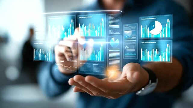 Faceless businessman showing online document validation interface icon quality assessment management checklist business evaluation process market data report analysis