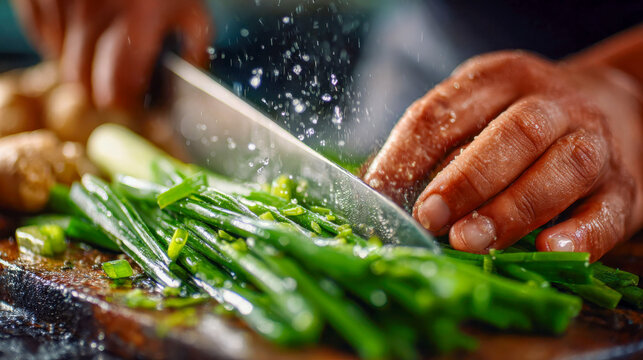Chef slicing fresh green onions on a wet cutting board, with water droplets flying from the knife - Powered by Adobe
