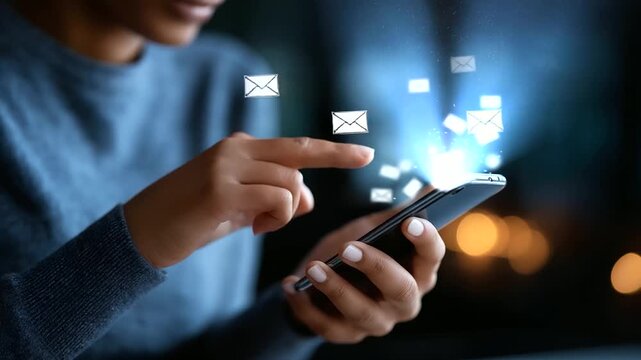 Faceless person checking email icons floating above smartphone digital communication concept mobile inbox interface real time notification system online message platform elect - Powered by Adobe