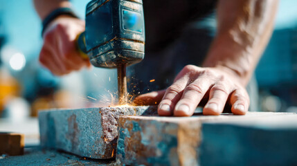Construction worker using a power drill on stone, creating bright sparks during outdoor work
