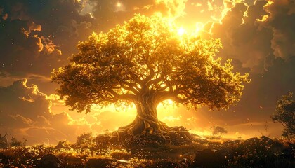 Gnarled tree in a field, bathed in ethereal golden light beneath a sky of orange clouds