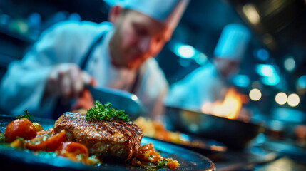 Professional chef plating a gourmet dish with herbs and vegetables in a busy restaurant kitchen