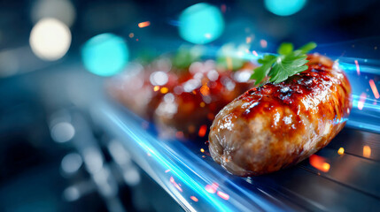 Glossy cooked sausages moving on a conveyor belt in a modern food production facility