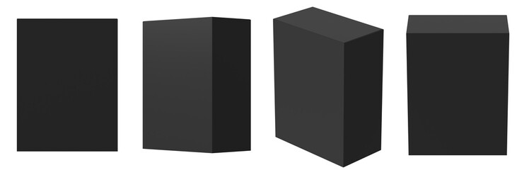 Black product packaging boxes in various perspectives on a white background
