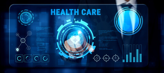 Digital health care technology and medical data dashboard concept. An interface for patient information, diagnostics, and monitoring health records. Motif
