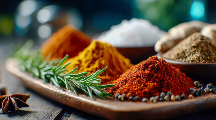 A vibrant assortment of colorful ground spices and peppercorns arranged with fresh mint leaves