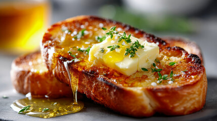 Close-up of warm toasted bread topped with melting butter, herbs, and dripping golden honey