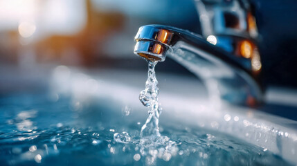 Clear running water flowing from a modern chrome faucet into a sink, symbolizing freshness, hygiene, and purity