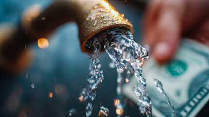 Close-up of water flowing from a chrome faucet with a blurred money in the background, symbolizing financial waste and rising utility costs