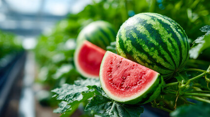 Freshly harvested watermelons in a sunlit field with a farmer in the background, showcasing natural farming and ripe summer produce