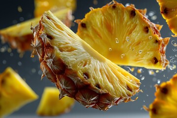 Juicy pineapple slices burst dynamically against a dark backdrop. Their vibrant yellow flesh and textured rinds are captured mid-air, emphasizing freshness and tropical flavor.