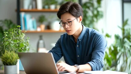 Faceless young Asian man working on laptop at home office workspace books plants decorating background remote work concept freelance business digital lifestyle independent car - Powered by Adobe