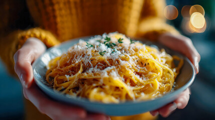 Warm plate of freshly cooked pasta topped with cheese and herbs, held in hands in a cozy indoor setting