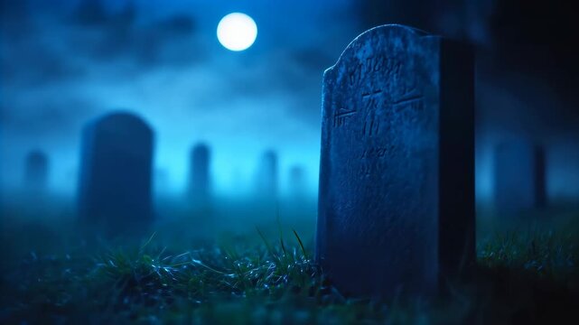 Graveyard at night under a full moon, with gravestones and mist in a spooky Halloween concept footage.