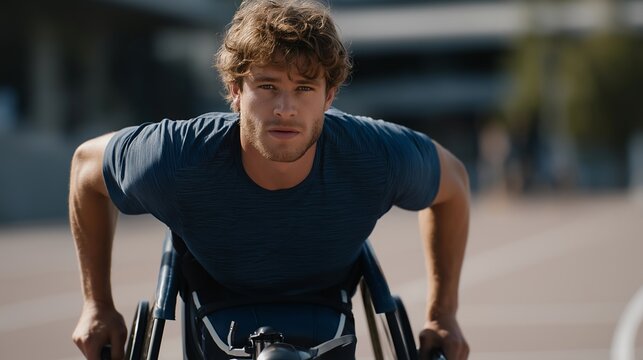 A wheelchair athlete gripping performance handlebars during a sprint, determination visible in every movement — adaptive sports, inclusivity in athletics, and peak physical strength. cinematic