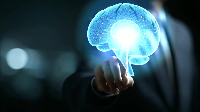 Futuristic holographic interface with AI technology visualization faceless businessman interacting with virtual artificial intelligence symbol on dark defocused background