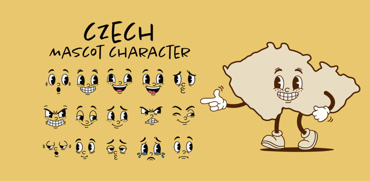 Vintage Czech Republic country map mascot character with cartoon facial expression set