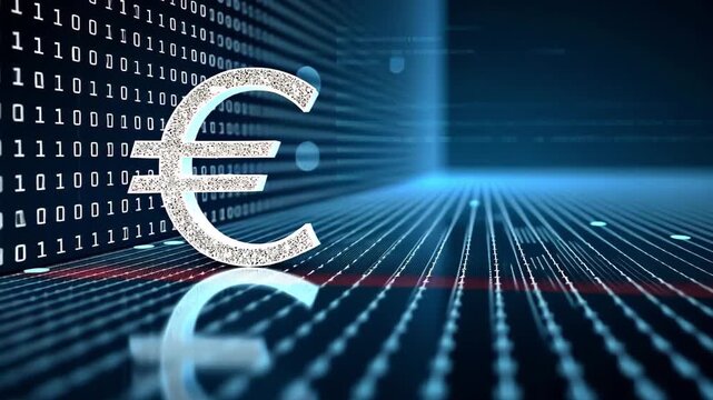 The digital symbol of the euro currency on the background of a binary code with data streams for a financial and technological concept, digital money. - Powered by Adobe