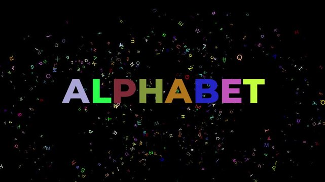 Large Text ALPHABET blinking in many rainbow colors and explosion of letters on black background
