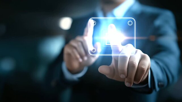 Faceless businessman showing online document validation interface icon quality assessment management checklist business evaluation process market data report analysis