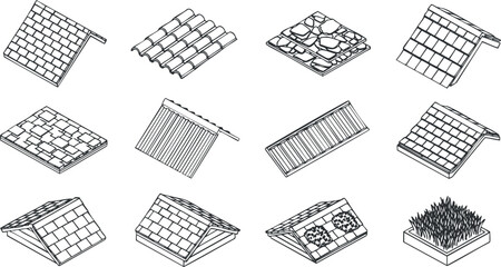 Outline vector illustration set of various roof designs and styles for architectural and construction projects